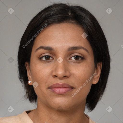 Joyful latino young-adult female with medium  brown hair and brown eyes