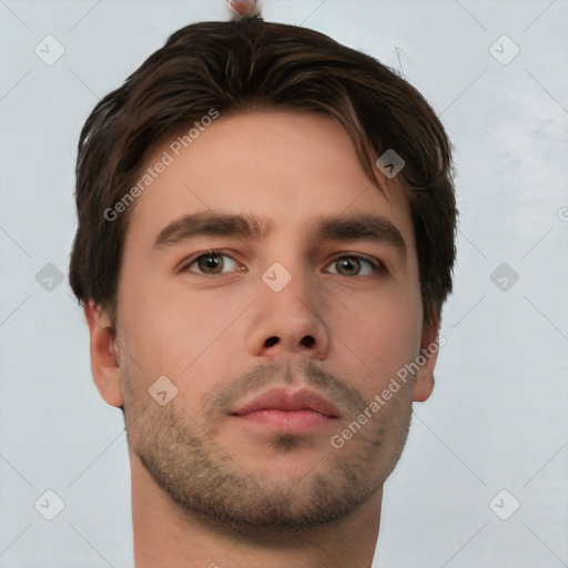 Neutral white young-adult male with short  brown hair and brown eyes