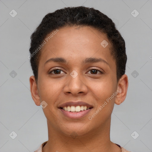 Joyful latino young-adult female with short  brown hair and brown eyes