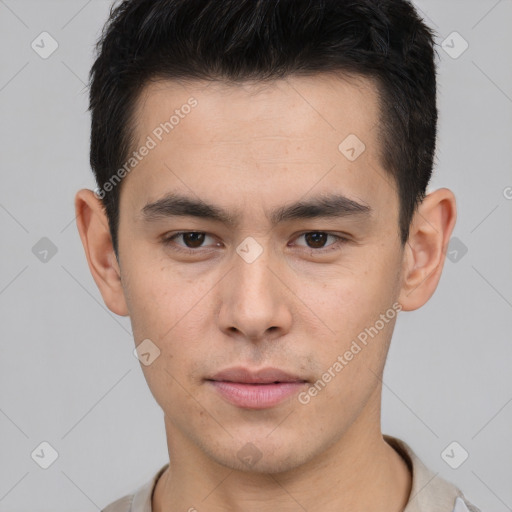 Neutral asian young-adult male with short  brown hair and brown eyes