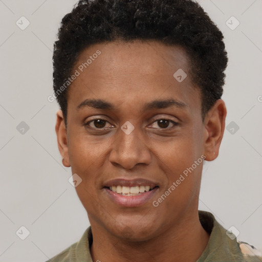 Joyful black young-adult female with short  black hair and brown eyes