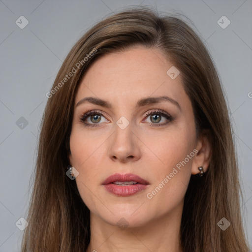 Neutral white young-adult female with long  brown hair and grey eyes