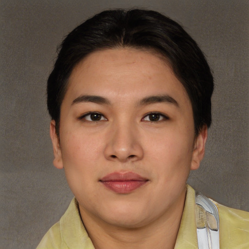 Joyful asian young-adult female with short  brown hair and brown eyes