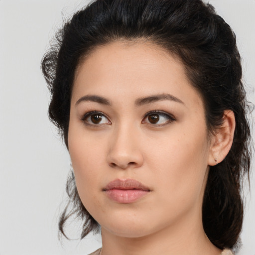 Neutral white young-adult female with medium  brown hair and brown eyes