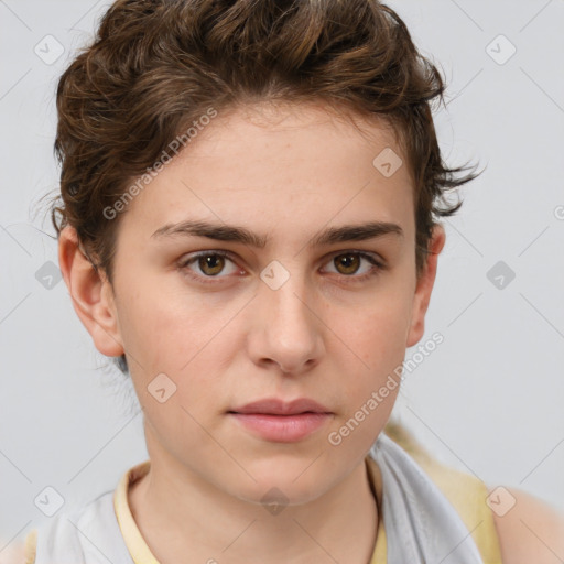 Neutral white young-adult female with short  brown hair and brown eyes