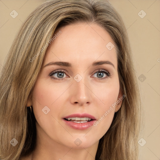 Joyful white young-adult female with long  brown hair and green eyes