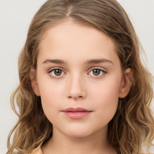 Neutral white child female with long  brown hair and grey eyes