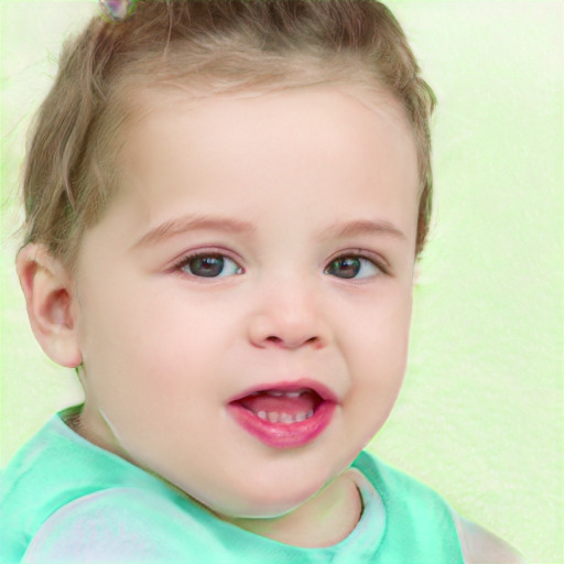 Joyful white child female with short  brown hair and green eyes