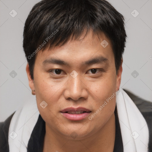Joyful asian young-adult male with short  brown hair and brown eyes
