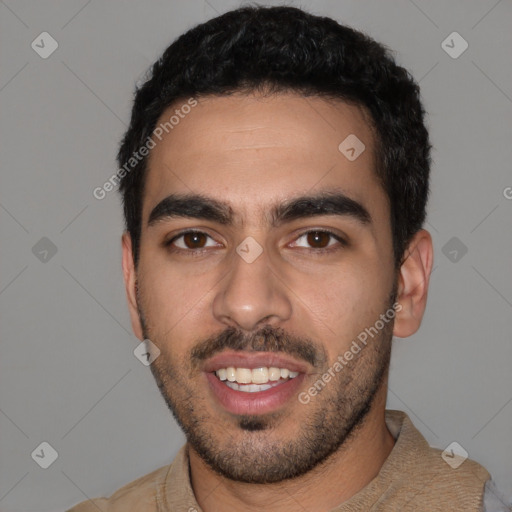 Joyful latino young-adult male with short  black hair and brown eyes