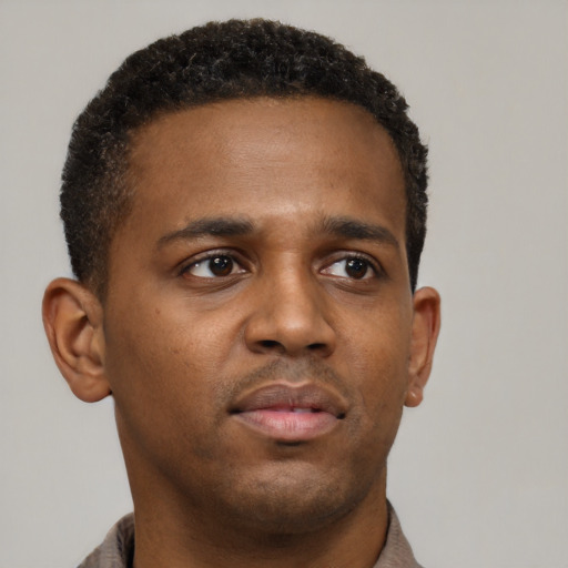 Neutral black young-adult male with short  brown hair and brown eyes
