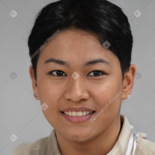 Joyful asian young-adult female with short  black hair and brown eyes