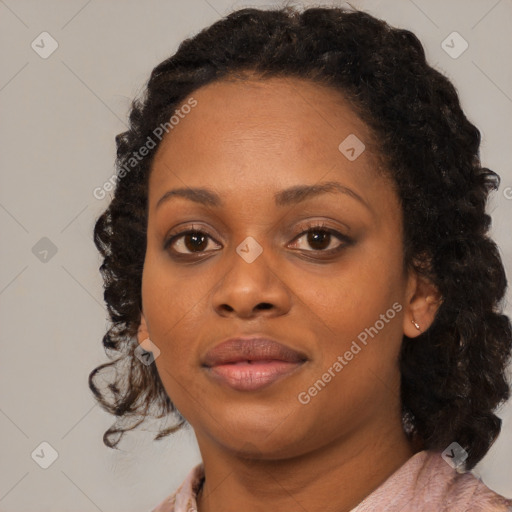 Joyful black young-adult female with medium  black hair and brown eyes