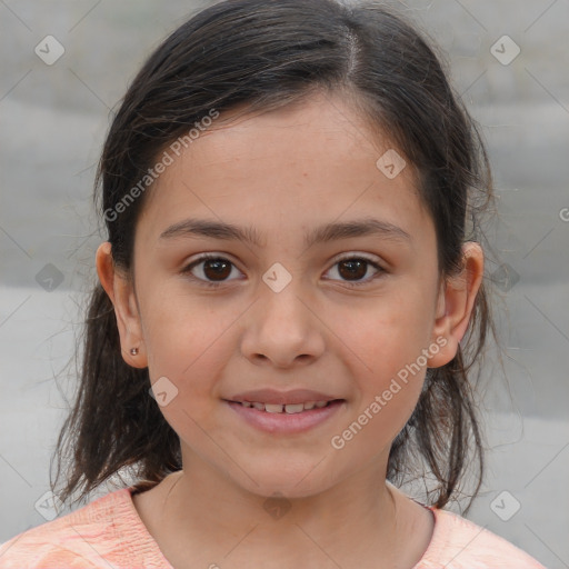 Joyful white child female with medium  brown hair and brown eyes