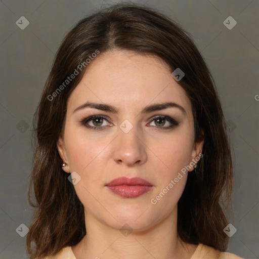 Neutral white young-adult female with medium  brown hair and brown eyes