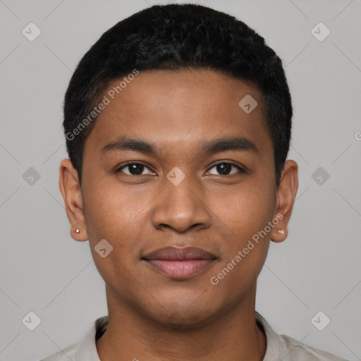 Joyful black young-adult male with short  black hair and brown eyes