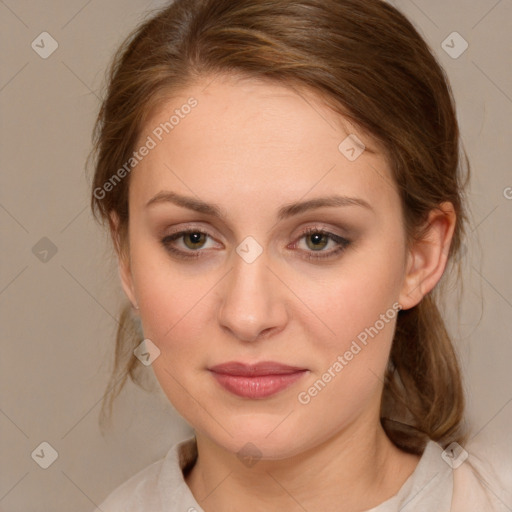 Joyful white young-adult female with medium  brown hair and green eyes