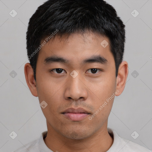 Neutral asian young-adult male with short  black hair and brown eyes