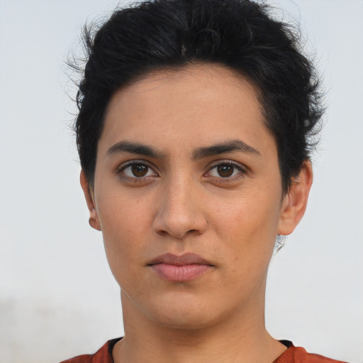 Neutral asian young-adult female with short  brown hair and brown eyes