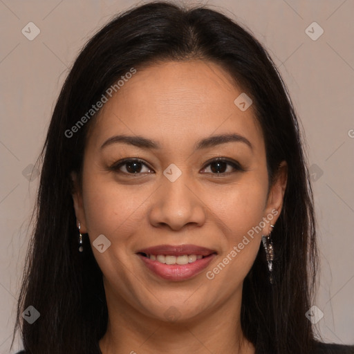 Joyful white young-adult female with long  brown hair and brown eyes