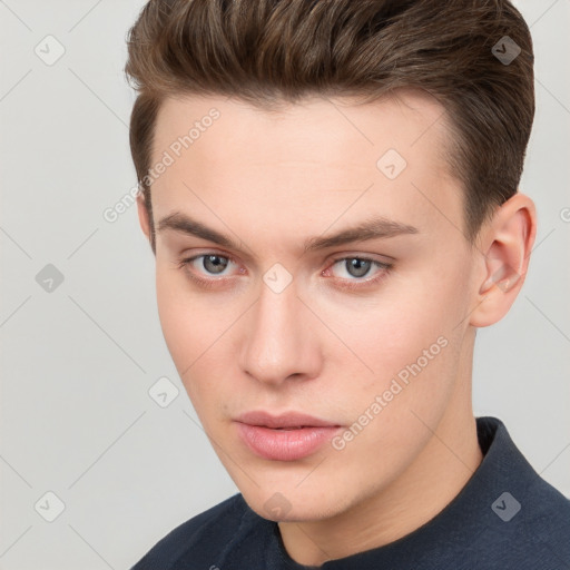 Neutral white young-adult male with short  brown hair and brown eyes