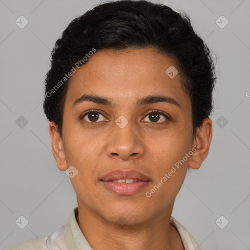 Joyful latino young-adult female with short  brown hair and brown eyes