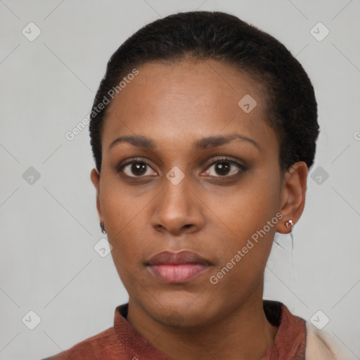 Neutral black young-adult female with short  black hair and brown eyes