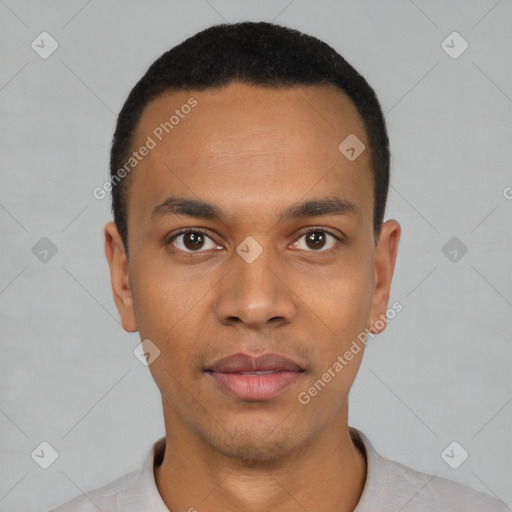 Neutral black young-adult male with short  black hair and brown eyes
