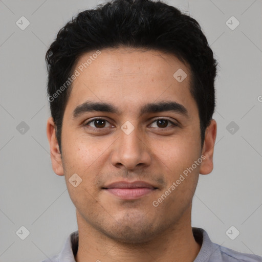 Neutral latino young-adult male with short  black hair and brown eyes