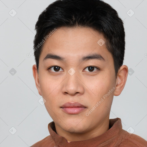 Neutral white young-adult male with short  black hair and brown eyes
