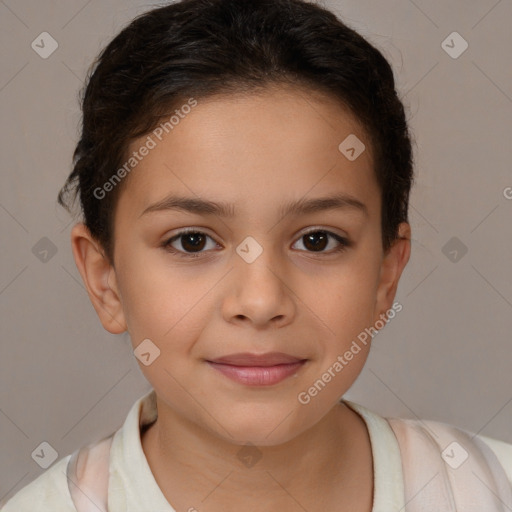 Joyful white child female with short  brown hair and brown eyes