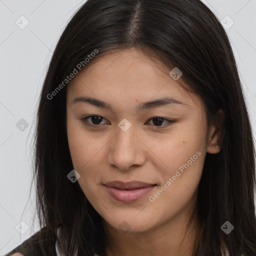 Joyful asian young-adult female with long  brown hair and brown eyes