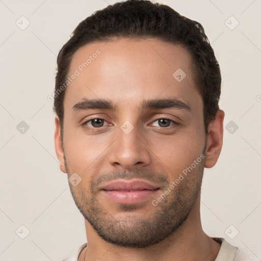 Neutral white young-adult male with short  brown hair and brown eyes