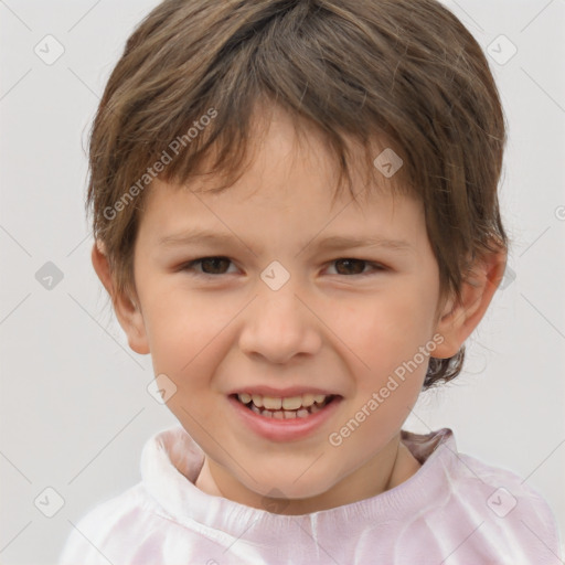 Joyful white child female with short  brown hair and brown eyes