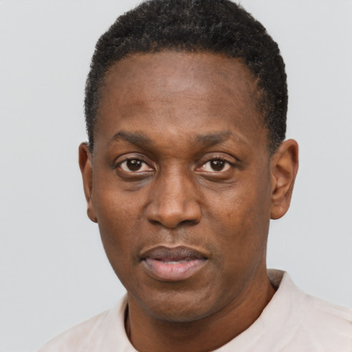 Neutral black adult male with short  black hair and brown eyes