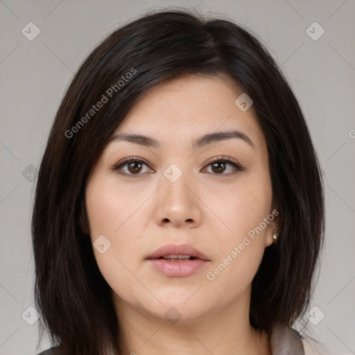 Neutral asian young-adult female with medium  brown hair and brown eyes