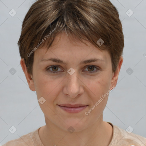 Joyful white young-adult female with short  brown hair and grey eyes