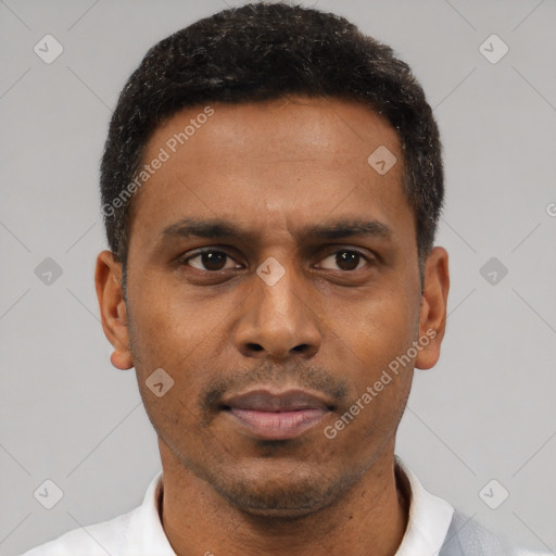 Neutral latino young-adult male with short  black hair and brown eyes