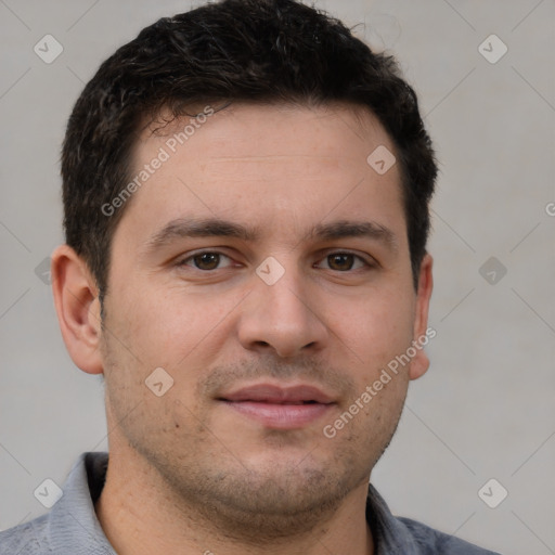 Neutral white young-adult male with short  brown hair and brown eyes