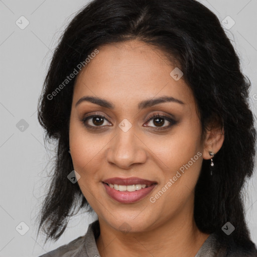 Joyful latino young-adult female with long  brown hair and brown eyes