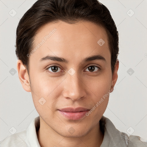 Joyful white young-adult female with short  brown hair and brown eyes