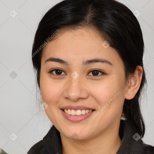 Joyful white young-adult female with medium  brown hair and brown eyes