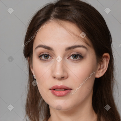 Neutral white young-adult female with medium  brown hair and brown eyes