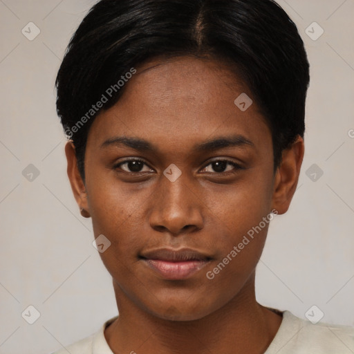 Neutral asian young-adult female with short  black hair and brown eyes