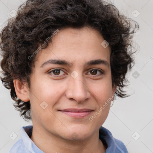 Joyful white young-adult male with medium  brown hair and brown eyes