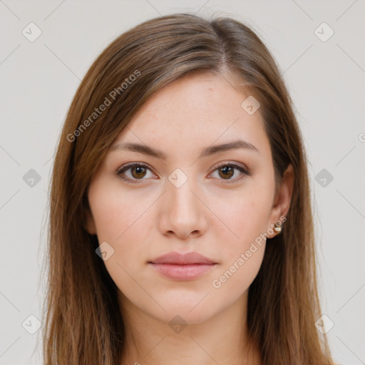 Neutral white young-adult female with long  brown hair and brown eyes