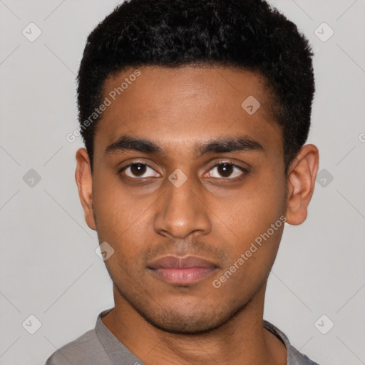 Neutral latino young-adult male with short  black hair and brown eyes