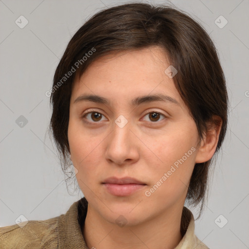 Neutral white young-adult female with medium  brown hair and brown eyes