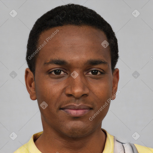 Neutral black young-adult male with short  black hair and brown eyes