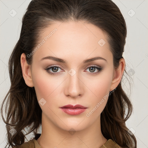 Neutral white young-adult female with long  brown hair and brown eyes